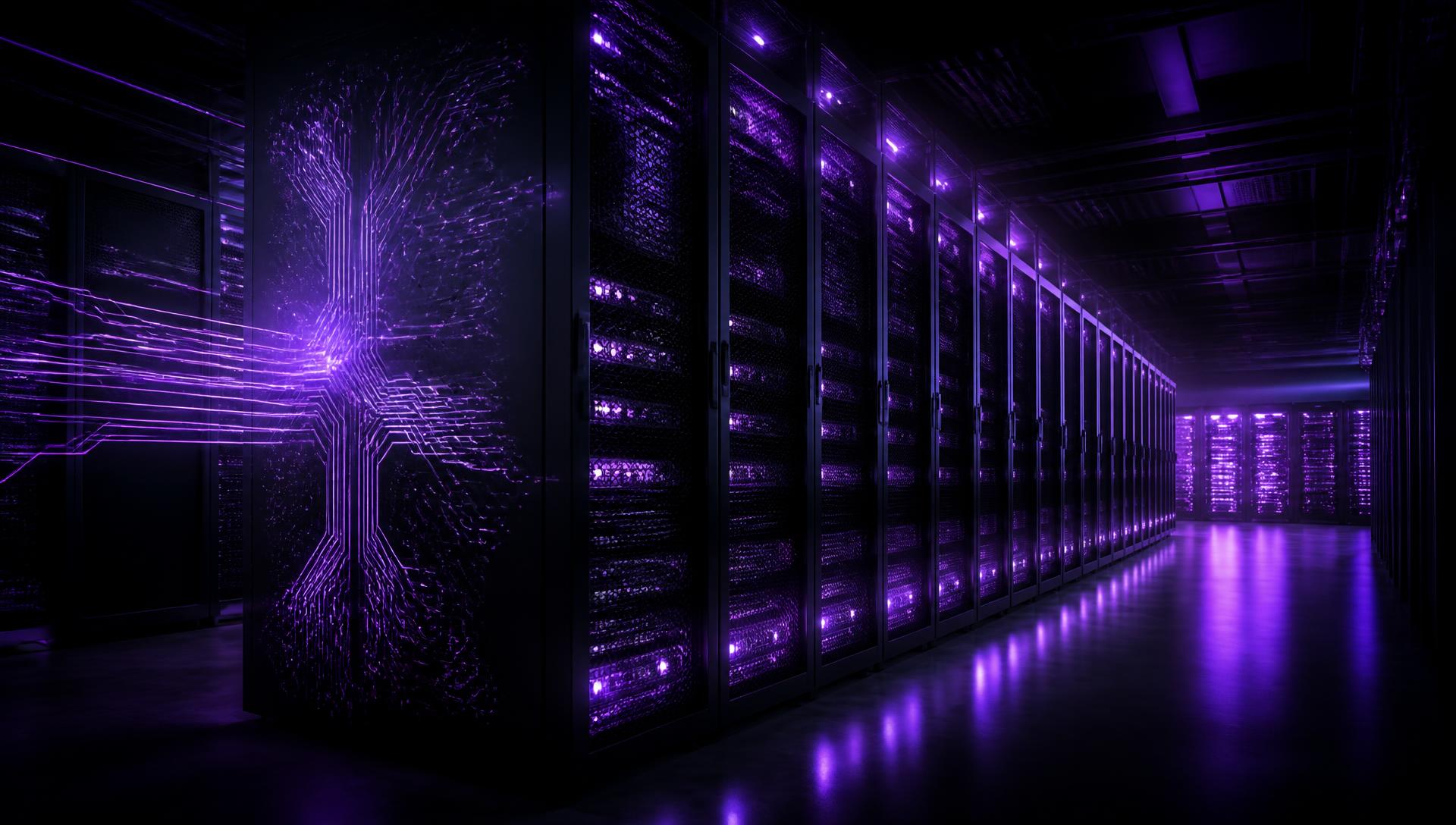 Corredor de racks de servidores GPU em datacenter de alto desempenho